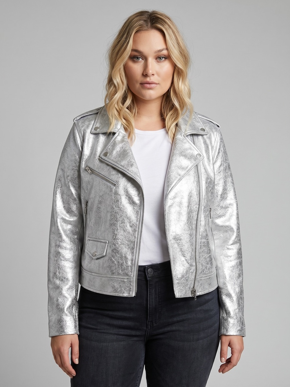 Terra & Sky Metallic Silver Moto Jacket
